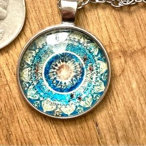 Yoga Medallion Blue Round Convex dome  Necklace like a paper weight Silver toned